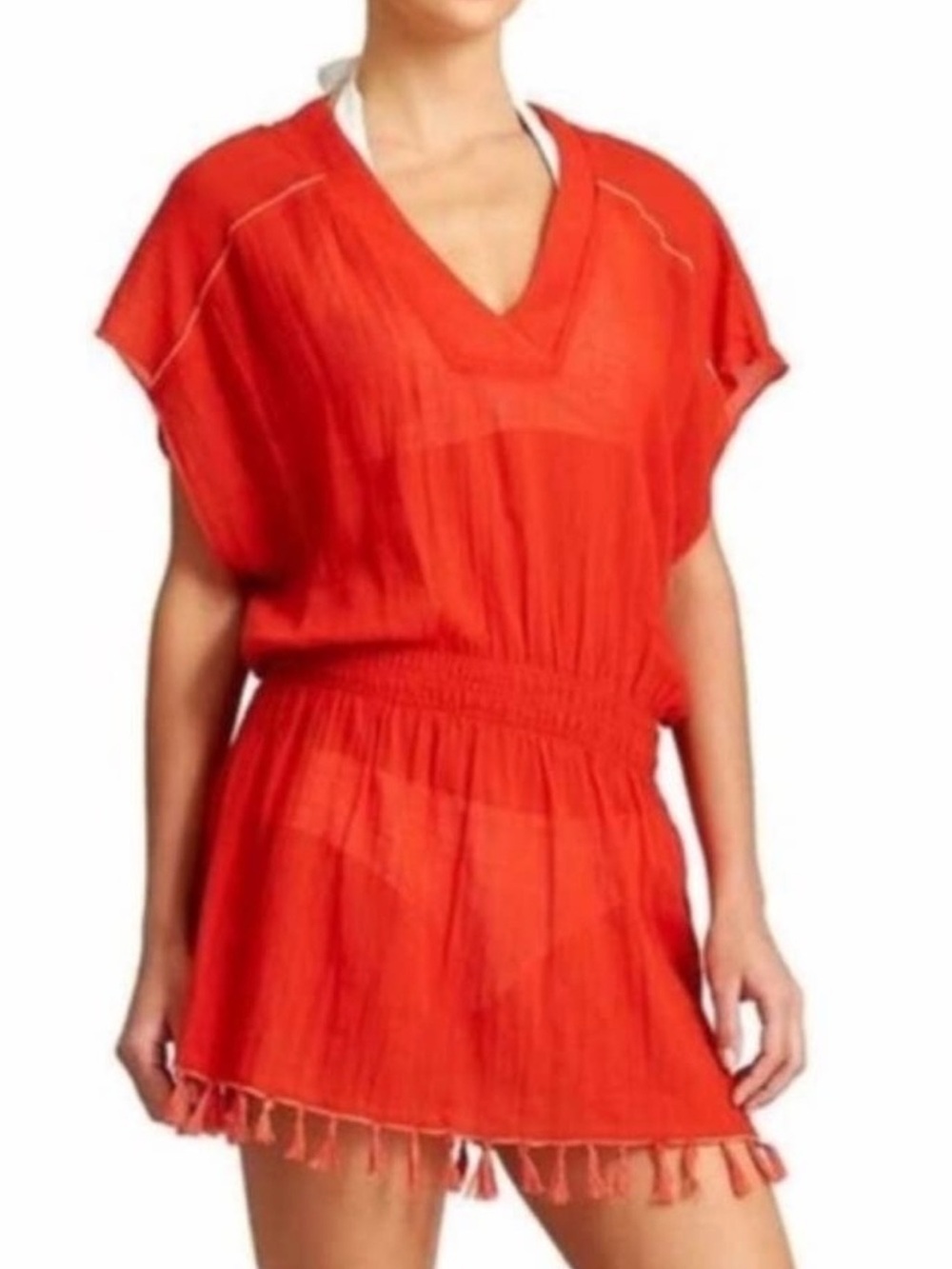 Athleta V-Neck Swimsuit Coverup in Coral Red